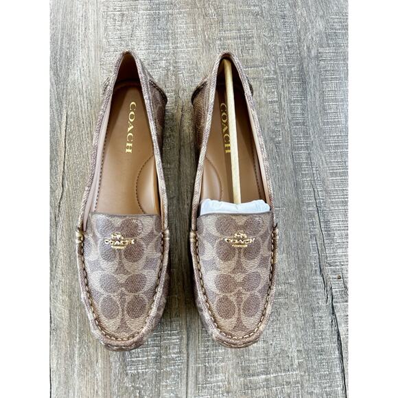 Coach Women's Marley Driver Loafers Size 9.5 Tan Monogram Logo Canvas - Picture 1 of 12